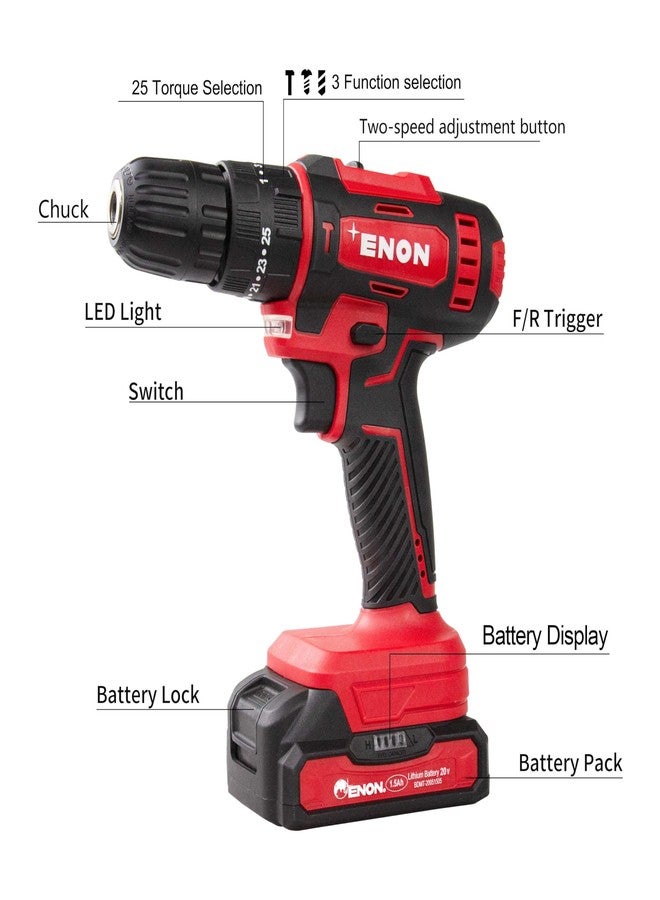 Enon Cordless Impact Drill/Driver for Home Use, 20V, 1500RPM, 22NM Torque, Keyless Chuck 10mm, 25 Level Torque, 2 Speed Modes, 3 Setting Modes, 2 x 1500mAh Batteries, 6 Months Warranty (XE-CD2010) - Image 2